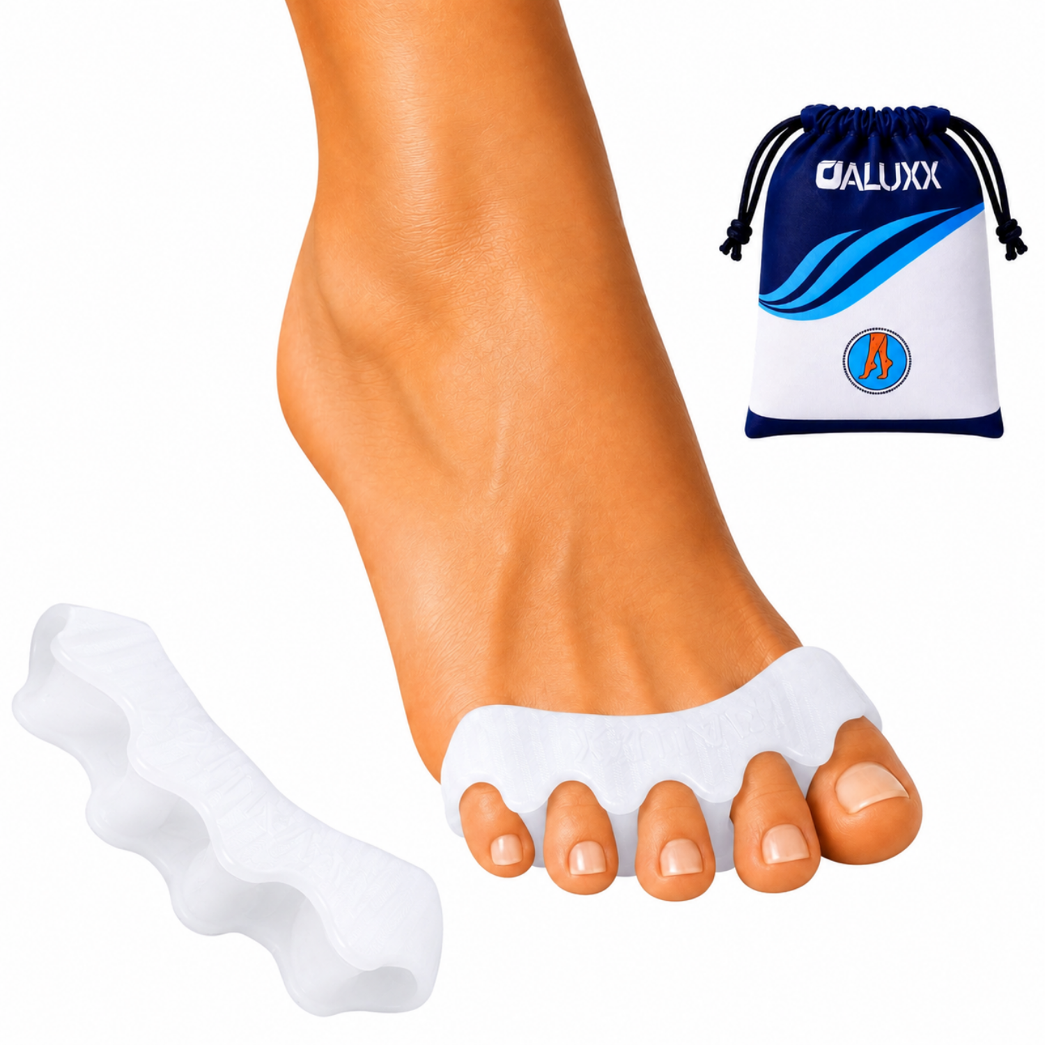 A white toe separator foot pad shown on a human foot, with a small navy-and-white drawstring pouch labeled OALUXX in the upper right.