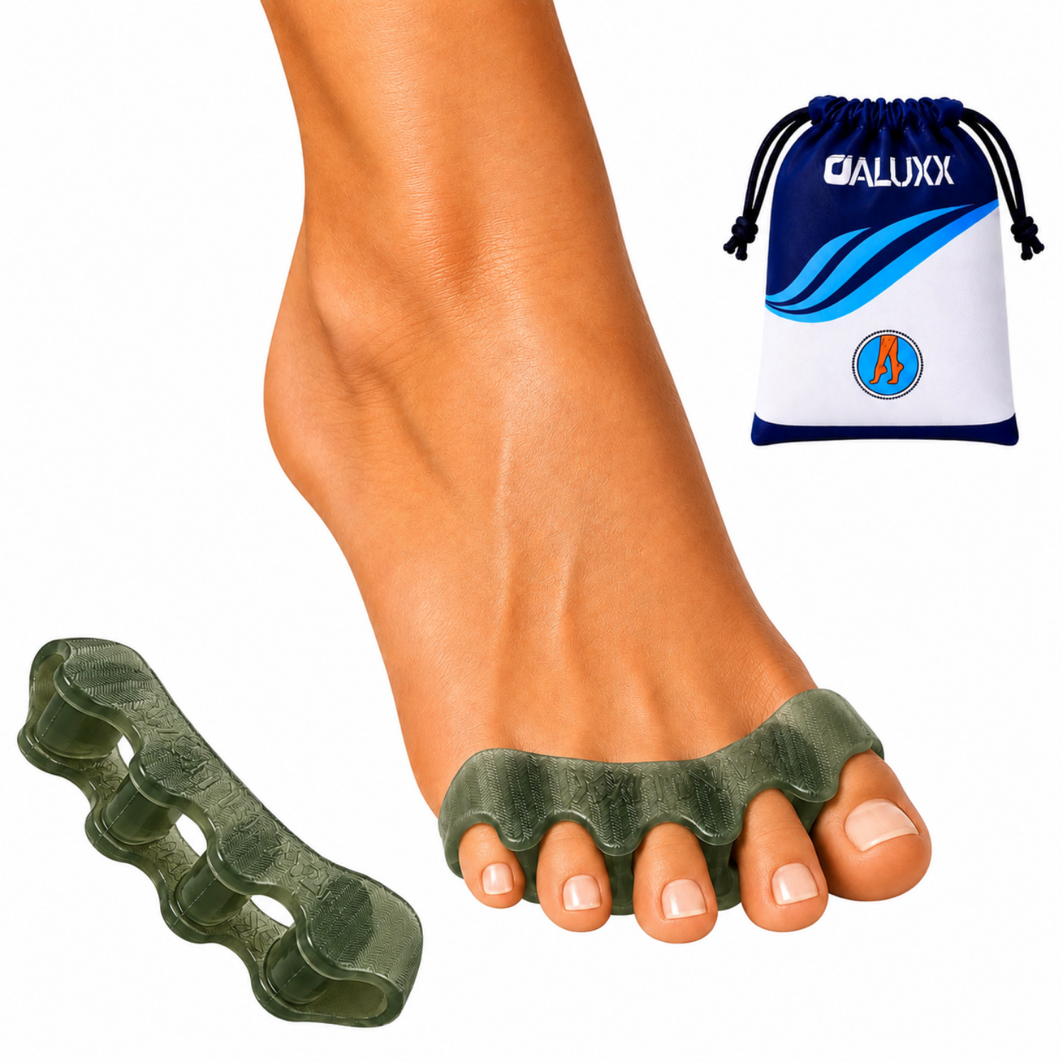 A foot toe separator shown being worn on a human foot, with a separate dark olive-green version displayed beside it and a small branded drawstring pouch in the upper right on a white background.