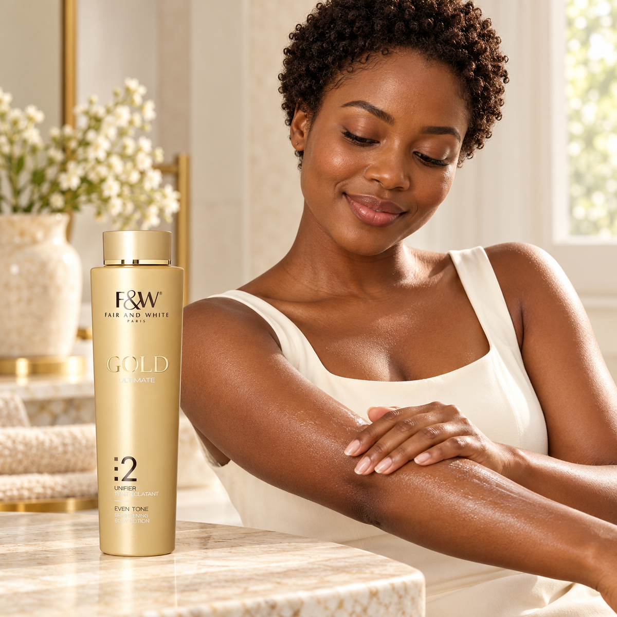 Fair & White Gold Ultimate 2 Even Tone Body Lotion – 500 ml — lifestyle portrait with model