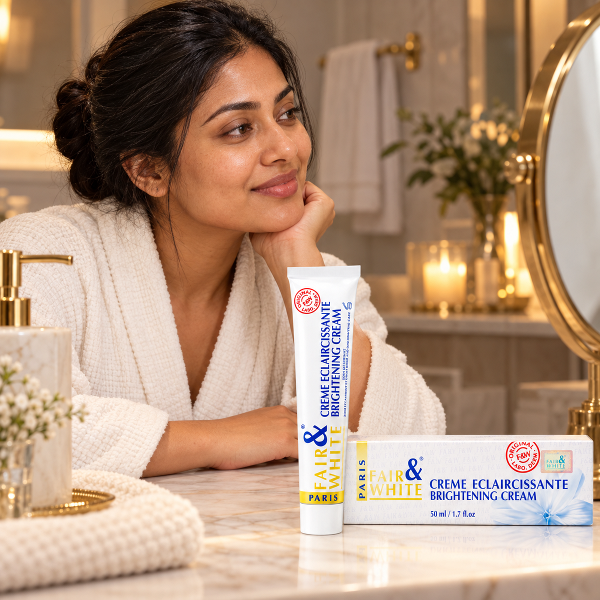 Fair & White Original Brightening Cream – 50 ml — model in a skincare routine setting