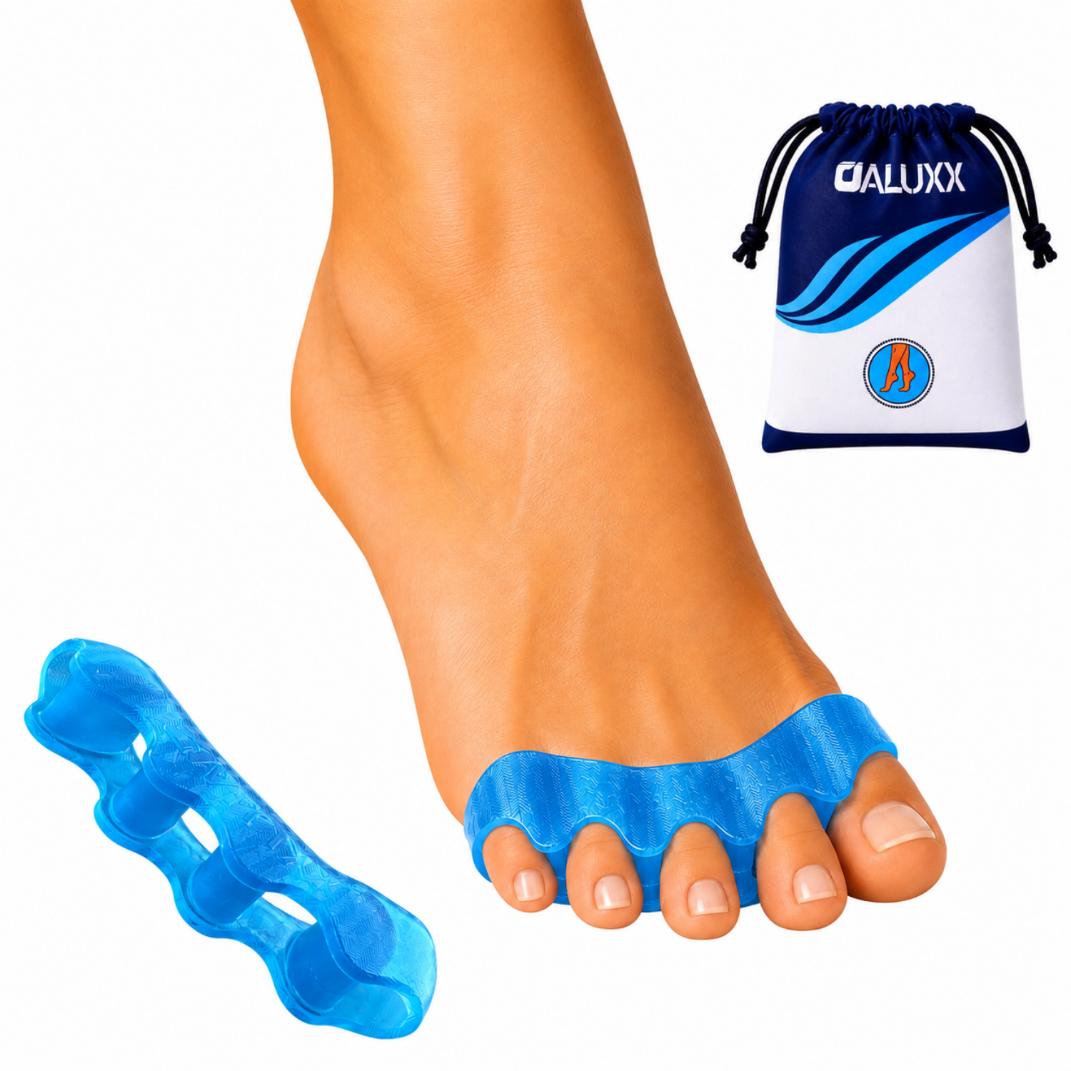 A blue toe spreader worn on a person's big toe, with a matching blue foot spreader shown separately and a small navy-and-white drawstring pouch branded OALUXX on a white background.