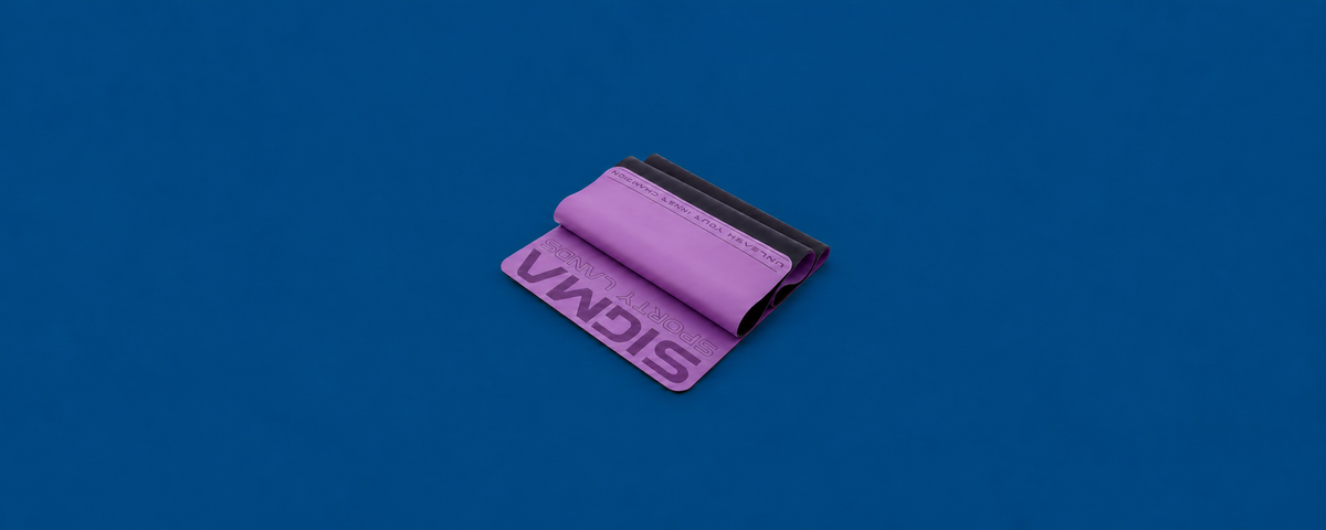 Purple Sigma yoga mat centered on a dark blue background