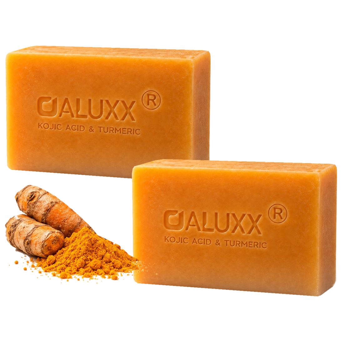 Two OALUXX kojic acid and turmeric soap bars with turmeric root