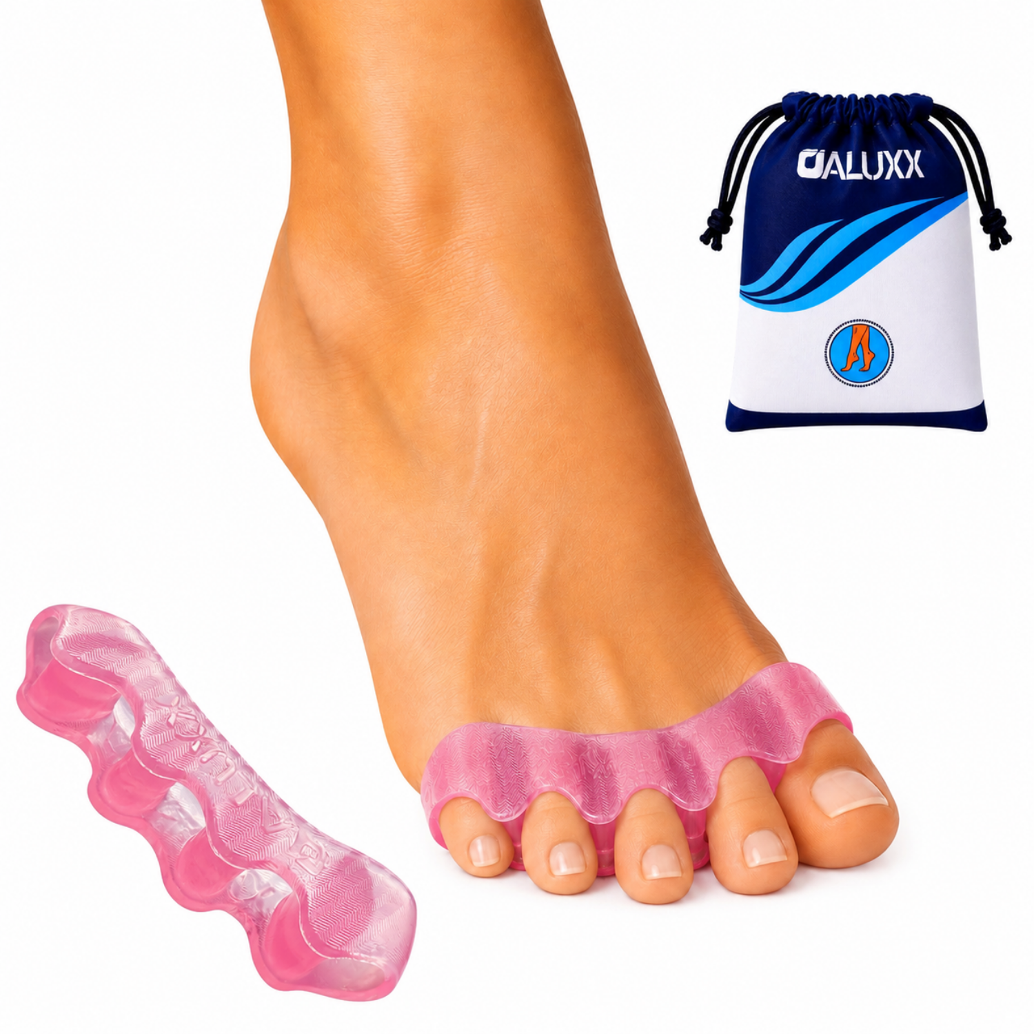 A pink toe space divider shown being worn on a person's foot, with the matching pink divider piece placed beside it and a small navy-and-white drawstring pouch labeled ALUXX in the upper right on a white background.