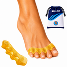A foot-toe splitter set shown on a human foot, with a translucent yellow gel pad and a small navy-and-white drawstring pouch branded OALUXX on a white background.