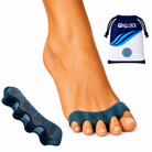 A Navy blue toe separator set shown on a model's foot, with a separate piece displayed beside it and a small navy-and-white drawstring pouch with the brand name OALUXX in the upper right.
