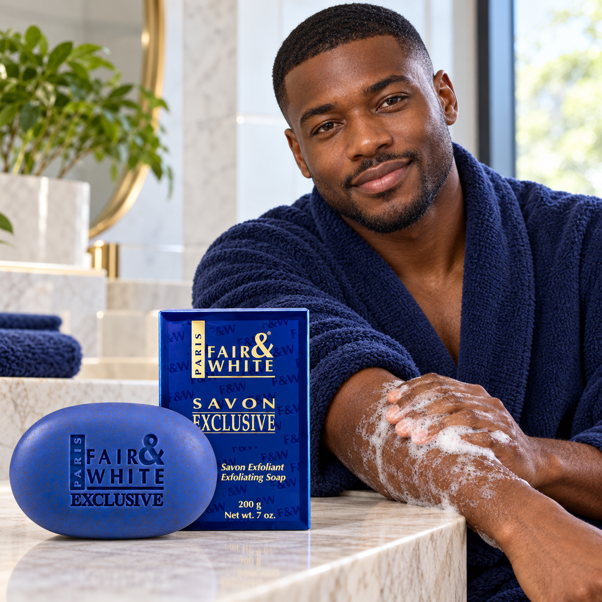 Fair & White Exclusive Exfoliating Soap – 200 g — lifestyle portrait with model
